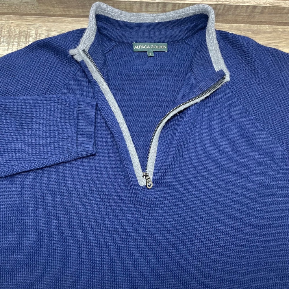 Baby Alpaca Quarter Zip Pullover Knit Sweater Mens Small Navy Blue Alpaca Golden